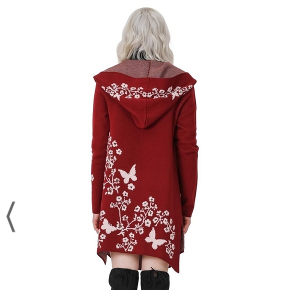 𝅺Vertigo poppy intarsia burgundy & white floral hooded cardi sweater coa… - Picture 14 of 15